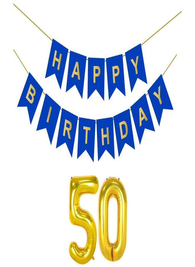 Flyloons 50th Dark Blue Colour Happy Birthday Banner Decoration Kit for 50 year Old Boys Girls Men Women | with Number Fifty | 13 Pcs Reusable Cardstock Happy Birthday Paper Banner